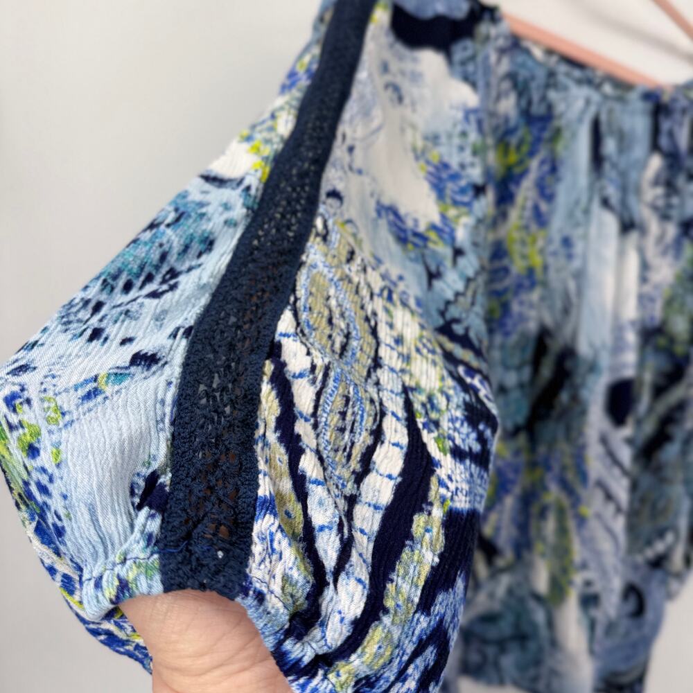Desigual Off Shoulder Top Size XL Long Sleeves Blue Paisley Mediterranean Resort - Picture 7 of 14